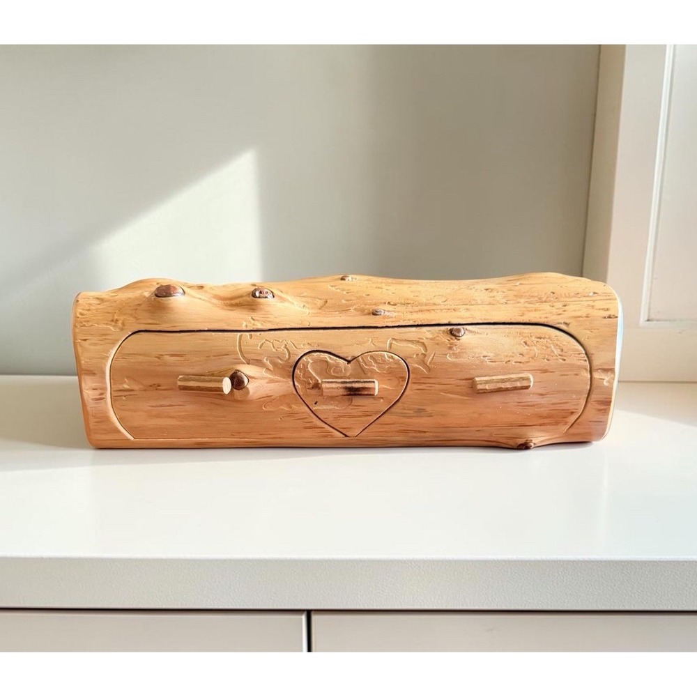 VTG Cedar Log Jewelry Box Hidden Drawer Heart Green Velvet Rustic 13" Handmade